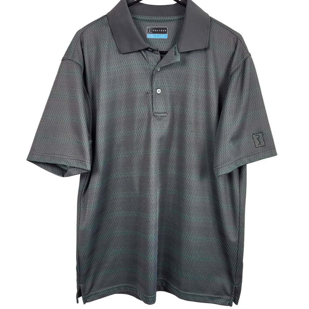 PGA Tour Golf Polo Shirt Mens Large Gray Green Pattern Performance Short Sleeve